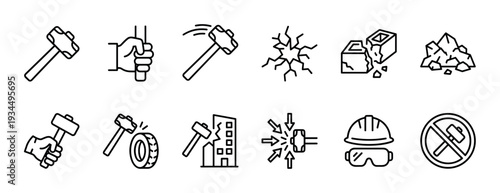 Collection of demolition and construction icons in a minimalist line art style, featuring a sledgehammer, breaking concrete, building destruction, rubble, and safety equipment