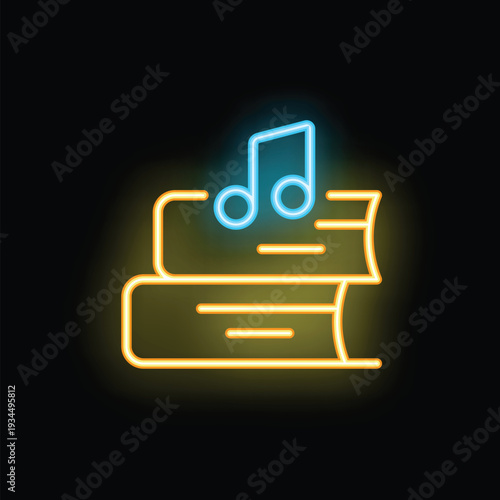 Glowing neon icon of books and music note, representing audiobooks, online education, and learning
