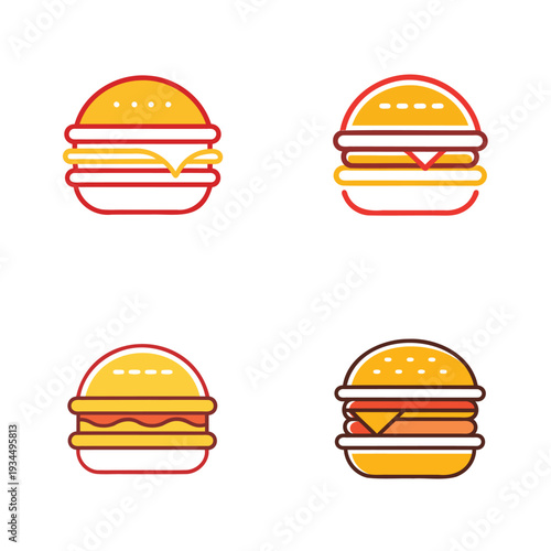 Colorful and stylized illustrations of four different hamburgers with detailed toppings