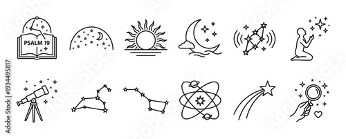 Set of black line art icons illustrating the connection between astronomy and spirituality with constellations, a telescope, prayer, sun, moon, and scripture