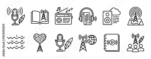 Set of black line icons representing podcasting, radio broadcasting, and audio media concepts like microphones, headphones, antennas, speakers, and global communication symbols