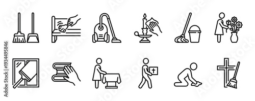 Set of church cleaning line icons depicting volunteer work, including sweeping floors, washing windows, polishing candlesticks, and maintaining a place of worship