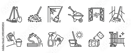 Set of black line icons for cleaning and yard work shows various tools like a broom, mop, shovel, and bucket for housekeeping, gardening, and maintenance in a simple outline style