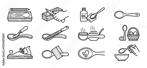 Collection of twelve woodworking icons in a simple outline style depicts the steps of hand-carving a spoon, including tools, finishing, and holiday-themed uses like Easter