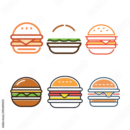 Colorful and stylized illustrations of various types of hamburgers