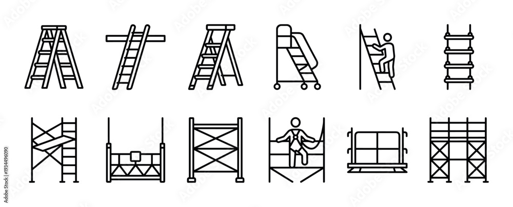 Fototapeta premium Ladder and scaffolding equipment icon set in a minimalist black outline style, featuring stepladders, mobile stairs, and construction framework structures