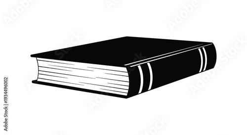 A stark black silhouette of a closed hardcover book rests on a white surface emphasizing its form silhouette