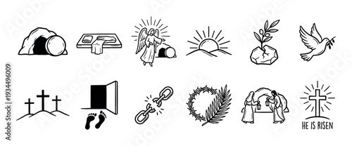 Collection of Christian Easter resurrection icons drawn in a minimalist black and white line art style, depicting the empty tomb, three crosses, an angel, and other religious symbols