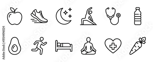 Collection of simple black outline icons illustrating healthy lifestyle themes such as nutrition, fitness, sleep, yoga, meditation, and medical care