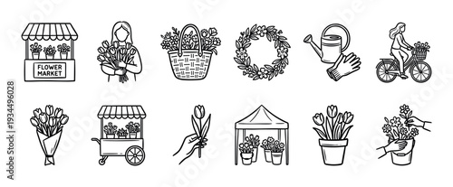 Set of black and white flower market icons in a hand-drawn doodle style showing a florist, bouquet, bicycle, wreath, and gardening tools for spring concepts