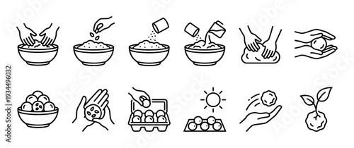 Black and white line art icon set illustrating instructions for creating DIY seed balls, including kneading dough, adding seeds, drying, and planting for environmental conservation
