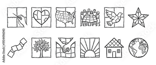 Set of hand-drawn quilt patch icons representing community, unity, peace, and connection, featuring sketch illustrations of a heart, dove, globe, and people working together