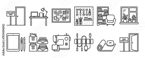 Collection of black line art icons representing a home tour with furniture, office supplies, tools, and hobby items like a sewing machine and tablet in a clean vector style