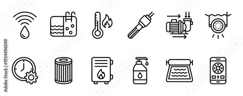 Swimming pool equipment and maintenance line icons set for smart home automation and care, including pump, filter, heater, light, and remote control symbols for web and app design