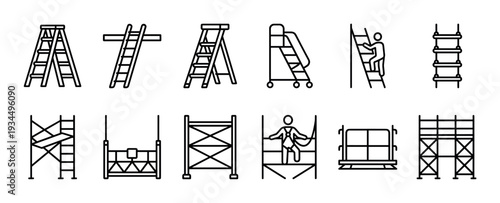 Ladder and scaffolding equipment icon set in a minimalist black outline style, featuring stepladders, mobile stairs, and construction framework structures