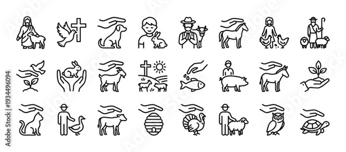 Collection of black line art icons showing Christian themes, animal care, and stewardship of creation with symbols like a shepherd, dove, cross, and various farm animals