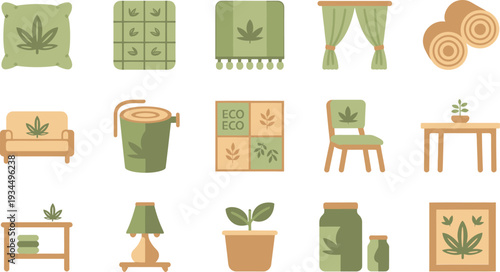Eco friendly home decor with marijuana leaf pattern on furniture and plants