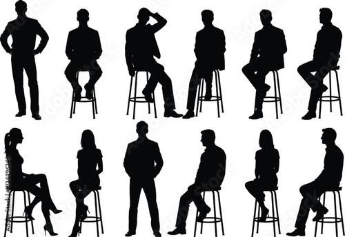 Black silhouettes of men and women standing and sitting on high bar stools in various poses, flat vector illustration design