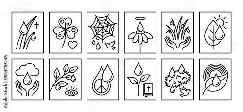 These twelve black and white line art icons illustrate water droplets integrated with diverse natural, spiritual, and peace-related symbols, presented in a clean, minimalist, and conceptual style