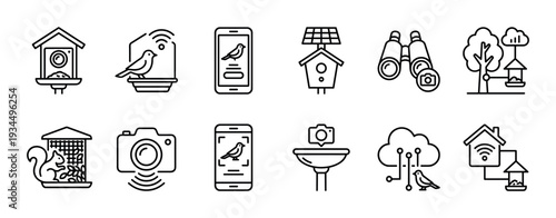 Collection of smart bird watching technology icons showing feeders, cameras, solar panels, Wi-Fi, binoculars, and smartphones, all rendered in a clean, modern line art style