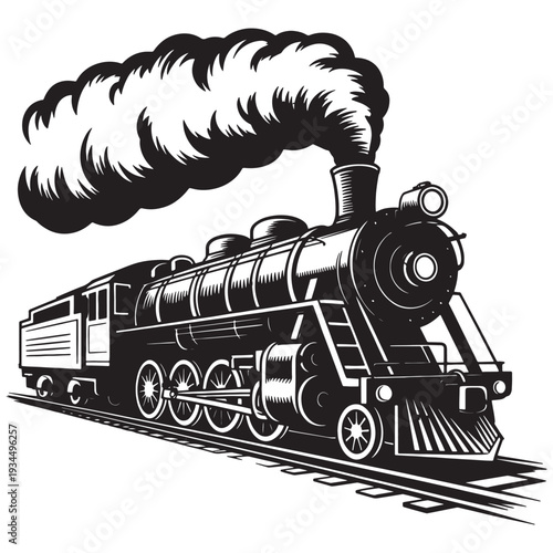 Vintage steam locomotive pulling train on railway tracks with smoke