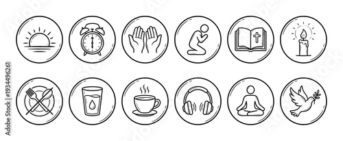 Twelve black and white hand-drawn doodle icons depict daily routines, spiritual practices, and well-being elements in a simple, clean, and illustrative line art style