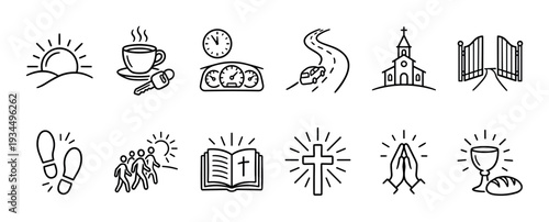 Comprehensive collection of black outline icons depicting daily life, travel, and Christian religious themes, presented with a clean, minimalist line art aesthetic