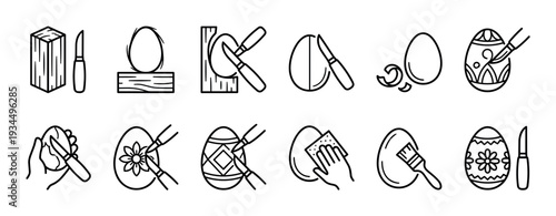Black and white line art icons illustrate the intricate process of carving and decorating traditional Easter eggs, showcasing various tools and stages of the craft