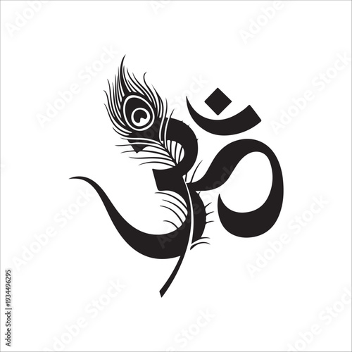 Black Hindu Om peacock feather fusion silhouette meditation harmony art vector krishna art