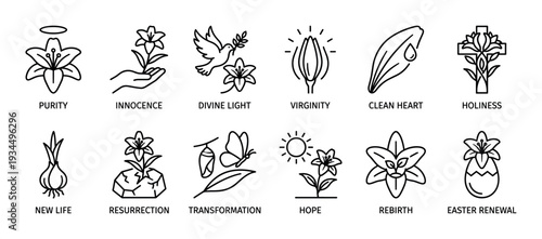 Diverse collection of religious and spiritual concept icons, featuring lilies, doves, and crosses, symbolizing purity, innocence, rebirth, and hope in a clean, modern line art style