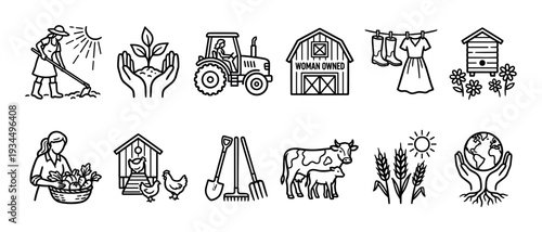 This collection of black line art icons depicts various aspects of farming, agriculture, and sustainable rural life, showcasing women's roles and natural elements