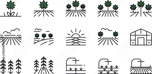 Set of line icons of plants and fields and farm buildings in minimalistic style