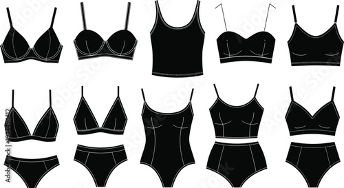 Black women lingerie and underwear set including bras panties bodysuits and crop top silhouettes for fashion apparel design and branding