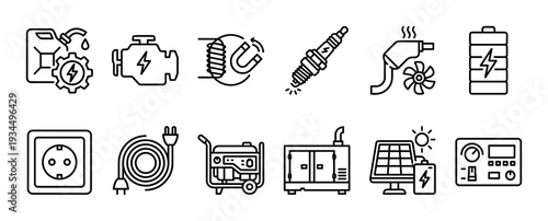 Comprehensive set of line art icons illustrates essential concepts of electricity, power generation, and energy, featuring fuel, engines, spark plugs, batteries, outlets, cables, and generators