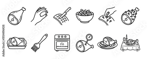 Collection of black and white line art icons illustrates the complete process of preparing and serving a delicious holiday ham, from scoring and seasoning to roasting and carving