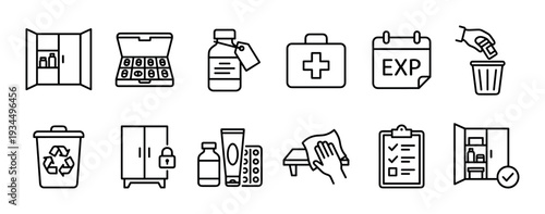 These twelve medical health care line icons depict various aspects of medicine storage, safety, organization, and proper disposal, presented in a clean, modern, and illustrative style