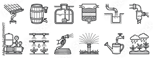 Comprehensive collection of black and white line art icons depicting various water management, irrigation, and conservation systems, presented with clear, illustrative details and a clean