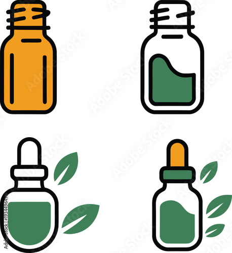 Four bottles of essential oil with leaves on white background