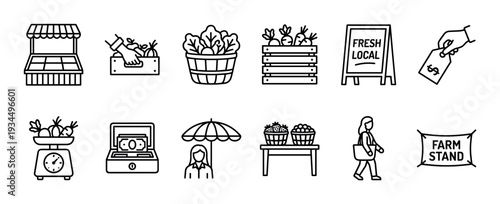 Collection of farmer's market themed outline icons depicting various elements like produce stalls, fresh vegetables, pricing, vendors, and customers, rendered in a clean, minimalist style