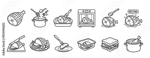 Collection of black and white line art icons illustrating the preparation, cooking, and serving of a delicious ham, from raw to sliced and plated