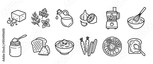Comprehensive collection of food and cooking-related line art icons illustrates various ingredients, kitchen tools, and prepared dishes in a clean, minimalist graphic style