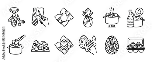 Simple outline icons illustrating Easter egg dyeing process, showcasing steps from fabric preparation and boiling to wrapping, decorating, and presenting the festive finished eggs in a carton