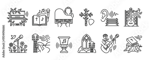 Collection of black line art icons depicting Christian music, worship, and nature themes, featuring instruments, religious symbols, and natural elements in a cohesive style