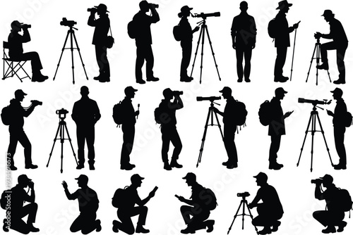 Black silhouettes of photographers and birdwatchers with cameras, tripods, and binoculars in various standing and kneeling poses, flat vector illustration