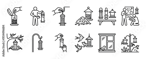 Bird feeding process outline icons depict various scenes of people filling feeders, birds eating, and different feeder types in a clean, illustrative style
