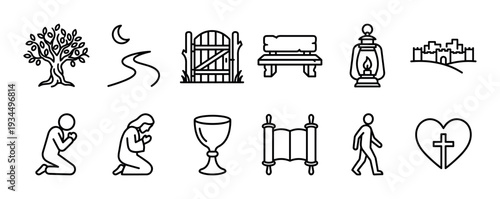Collection of black outline icons representing diverse biblical and spiritual themes, including symbols of nature, journey, worship, and ancient life