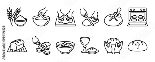 Collection of black outline icons illustrating bread making from wheat to baking, slicing, and its symbolic religious significance, presented in a clean, minimalist style