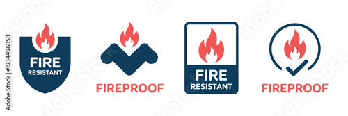Fire Resistant Vector Symbols, Set of Icons Showing Protection Against Fire and Flames for Safety Labels, Equipment, and Hazard Prevention.
