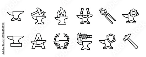 Twelve distinct blacksmithing anvil and tool icons are presented in a clean, minimalist line art style, showcasing various aspects of metalworking craftsmanship with precision and clarity