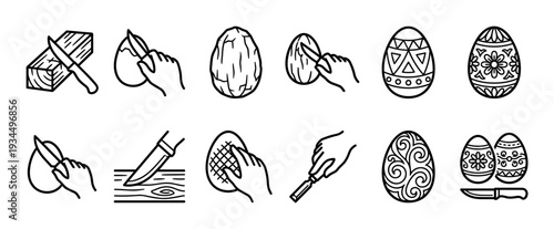 These black and white line art icons illustrate the traditional process of decorating Easter eggs using carving and wax-resist techniques, showcasing various stages and tools in a clean, graphic style